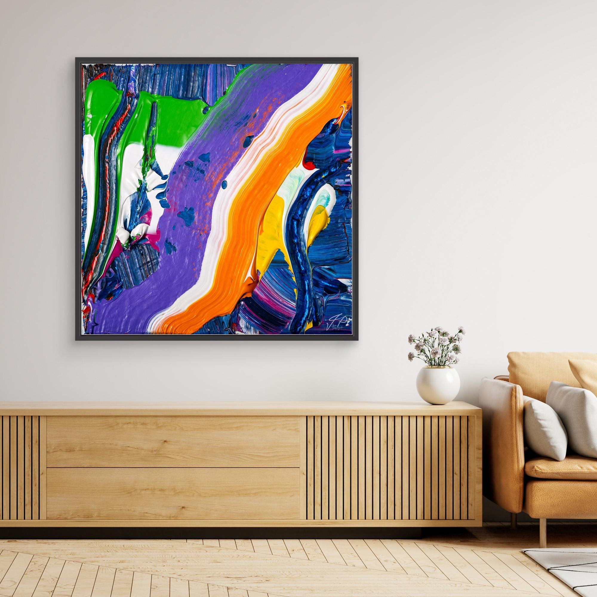 A vibrant abstract painting featuring stripes in multiple colors displayed on a wall.
