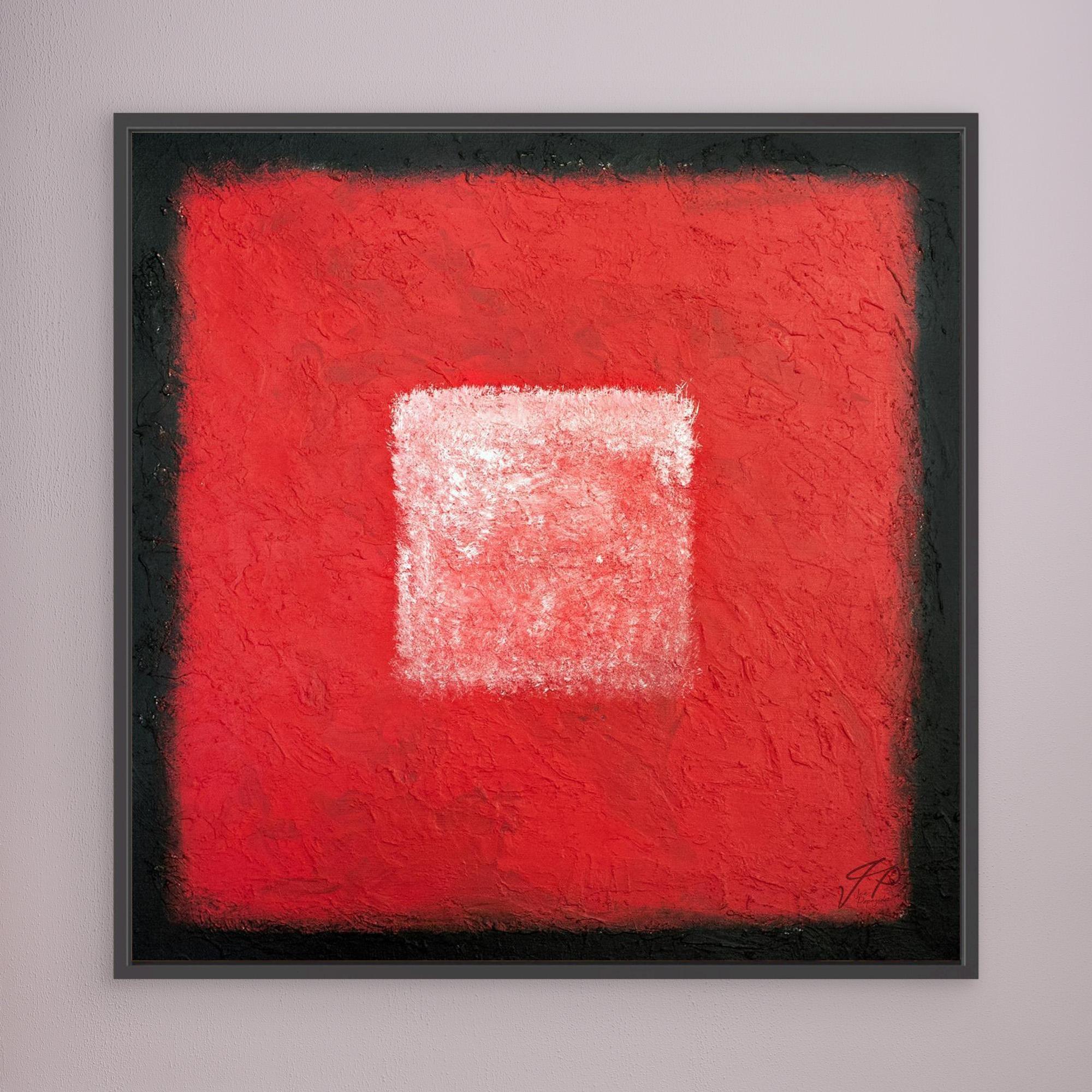 A framed canvas art print featuring a large red square with a smaller white square in the center, set against a black background.
