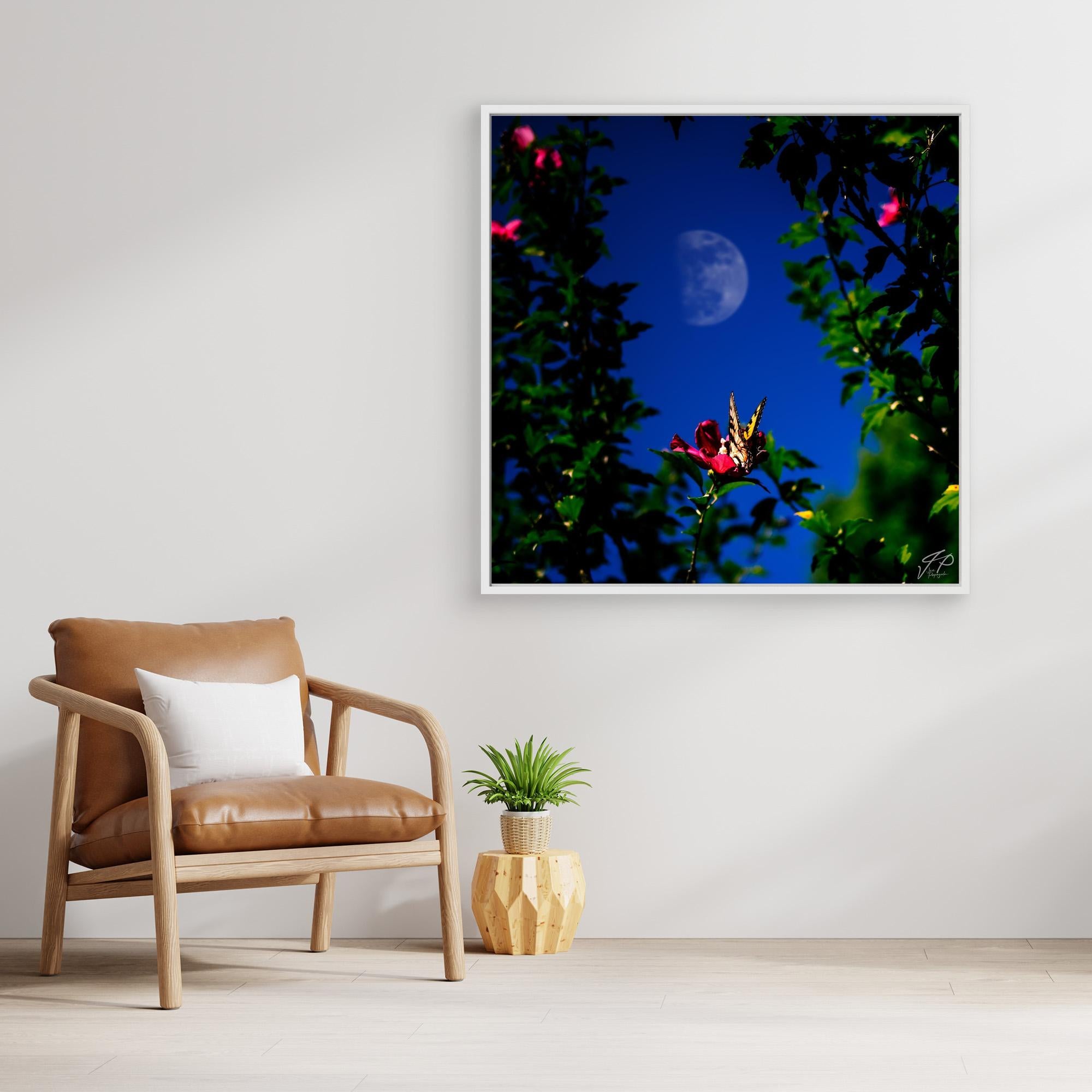 Framed artwork of a flower and leaves silhouetted against a blue sky with visible moon, beside leather chair.