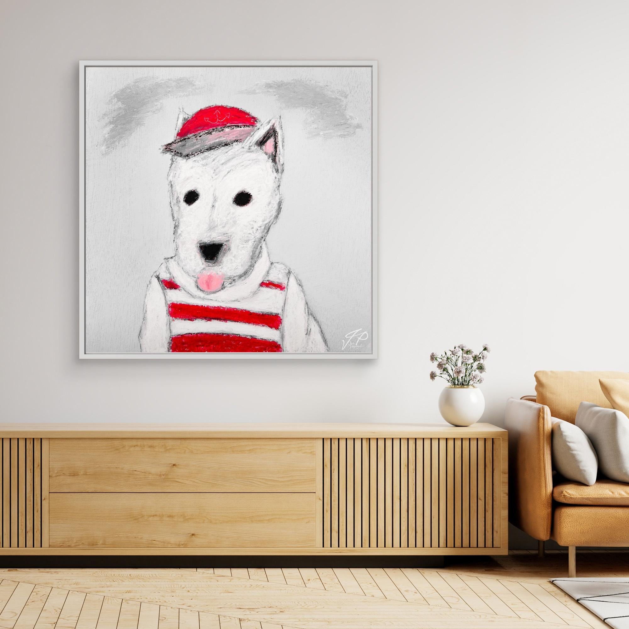 Drawing of a white dog in red cap and striped shirt, above wooden console and beige sofa.