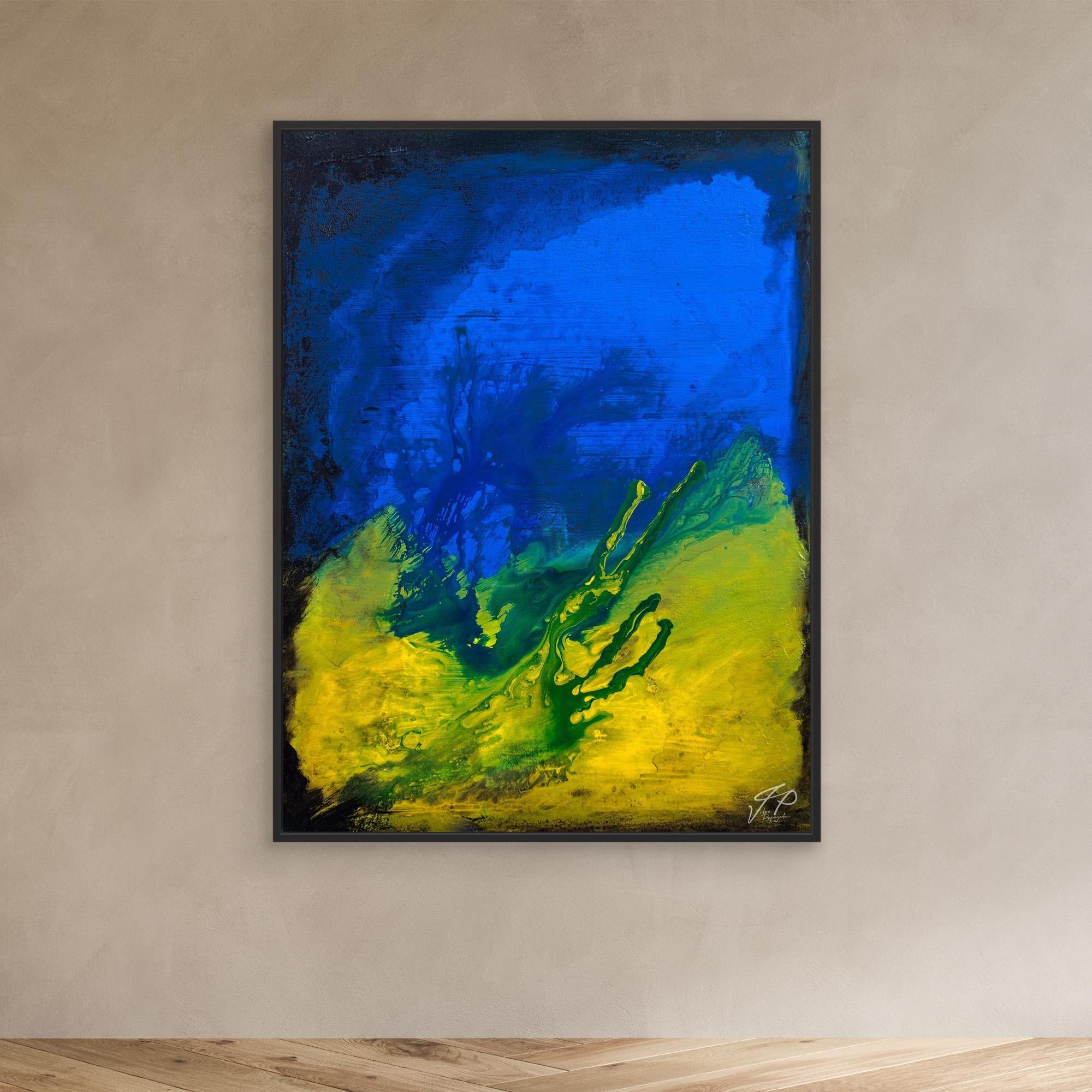 Abstract painting with vibrant blue and yellow colors blending and swirling, framed and mounted on a light wall.