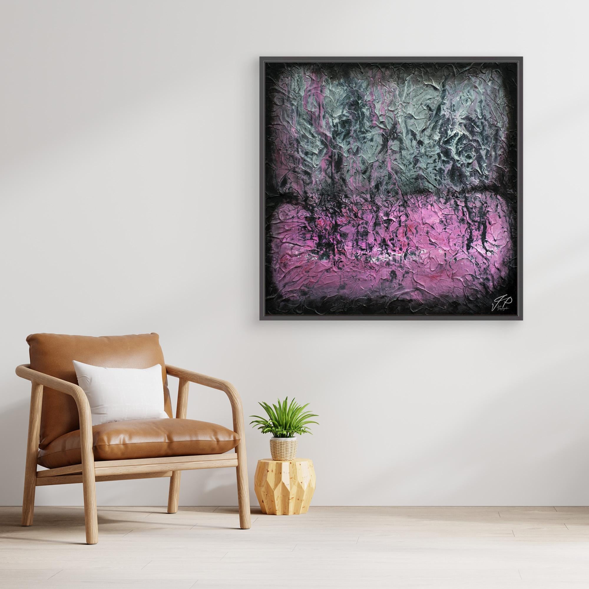 Textured abstract painting in black, gray, and pink hues above a brown leather armchair and small plant.