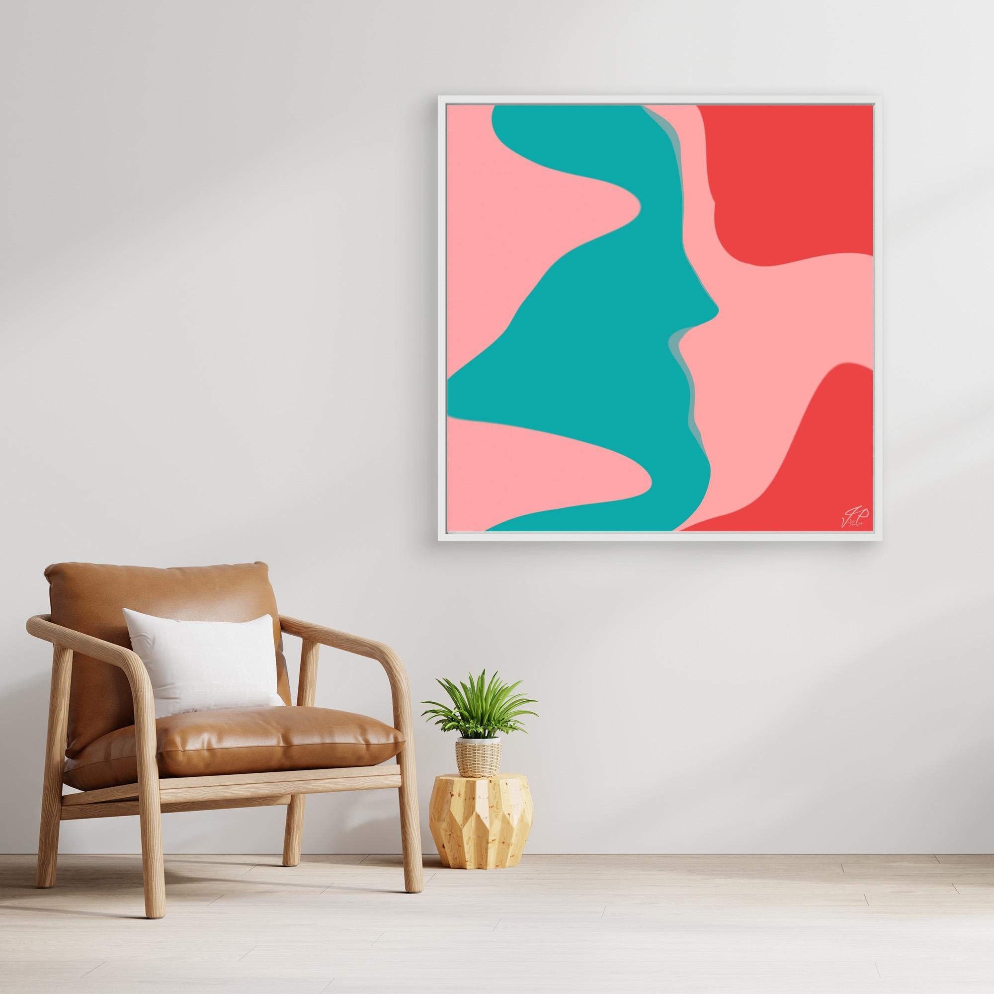 Abstract painting with teal, pink, and red shapes on wall, brown armchair, white pillow, small plant.