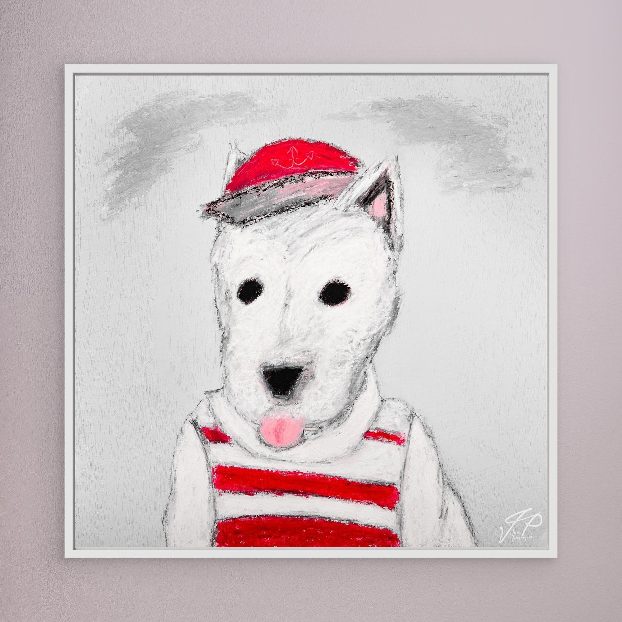 A pastel drawing of a white dog with black eyes, wearing a red cap and striped red-and-white shirt, with its tongue out.