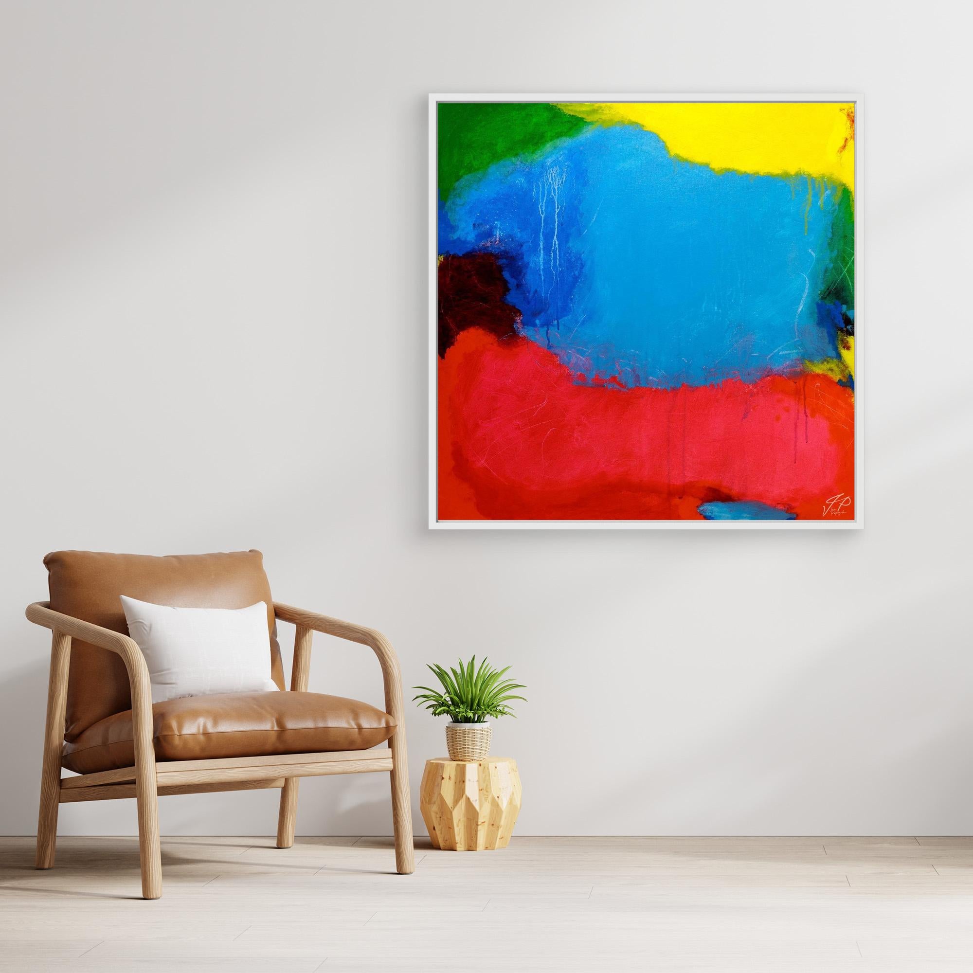 Modern minimal reading corner with tan armchair, white cushion, potted plant, and bold abstract painting.