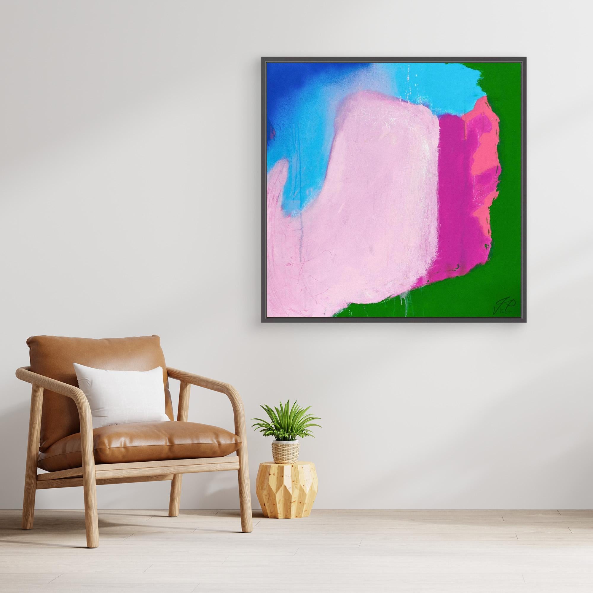 Abstract painting with pink, blue, green, and magenta shapes above brown leather chair and small potted plant.