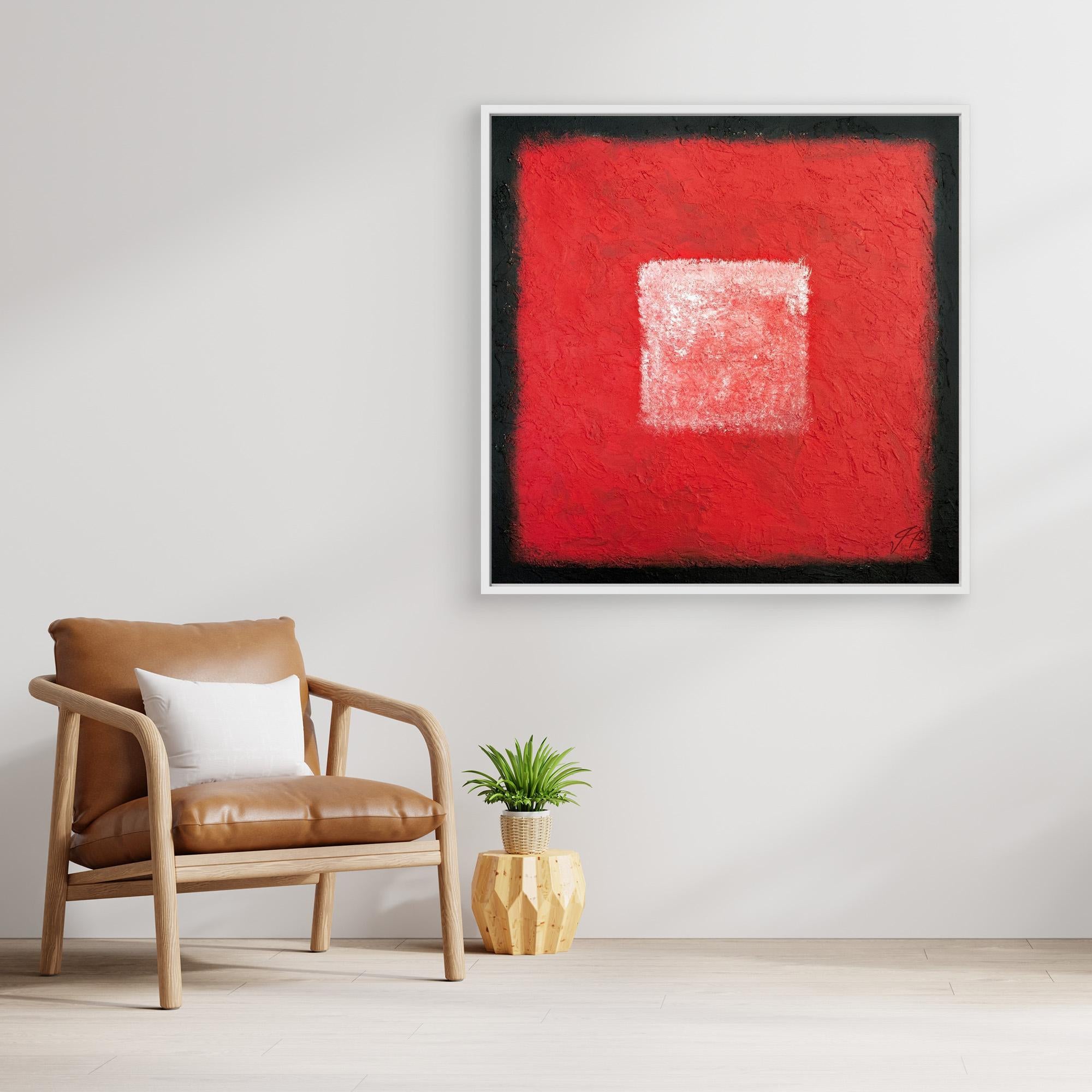 Modern chair and plant beneath red abstract painting on a minimal white wall.