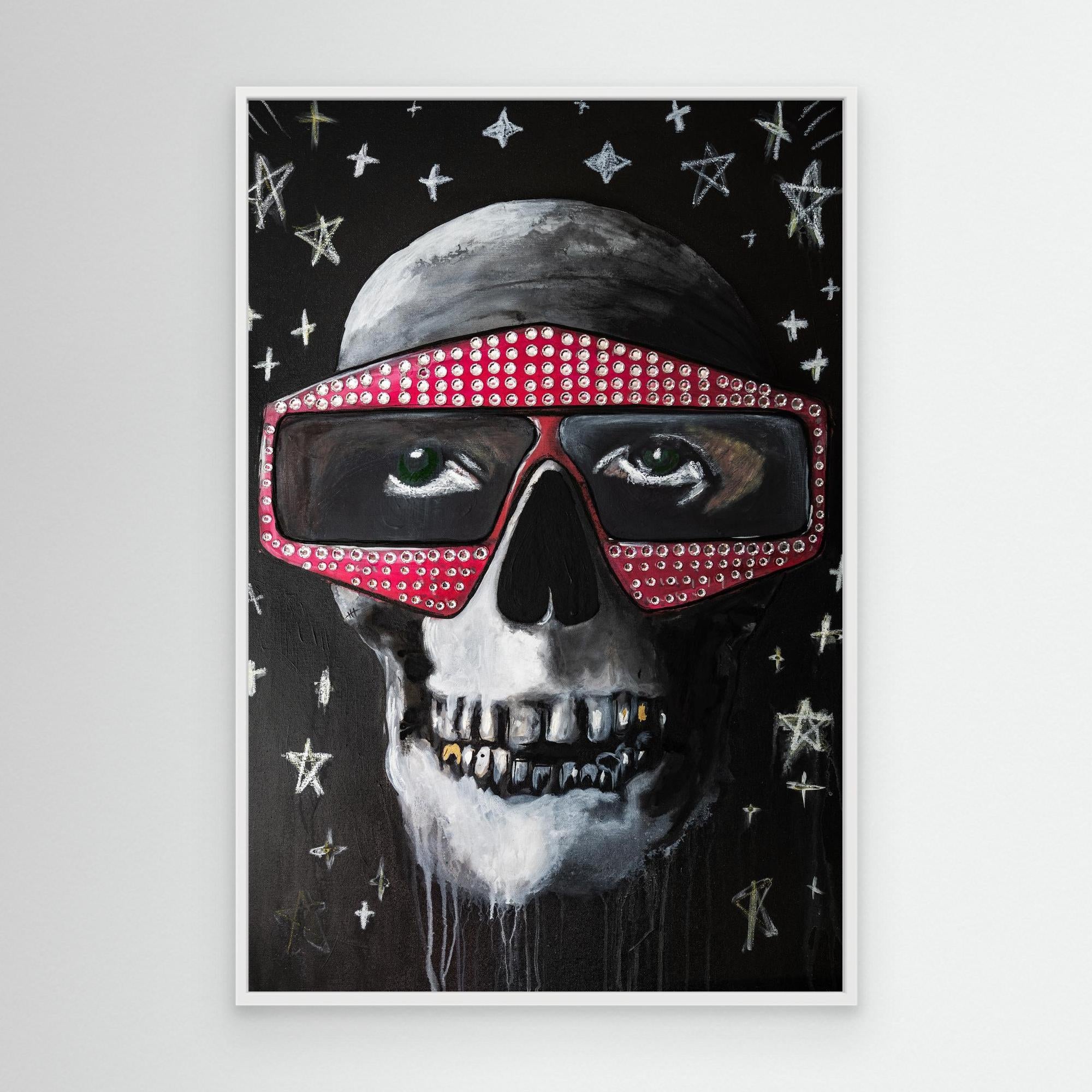 Painting of a skull with big red studded goggles, gray cap, and stars on a black background.