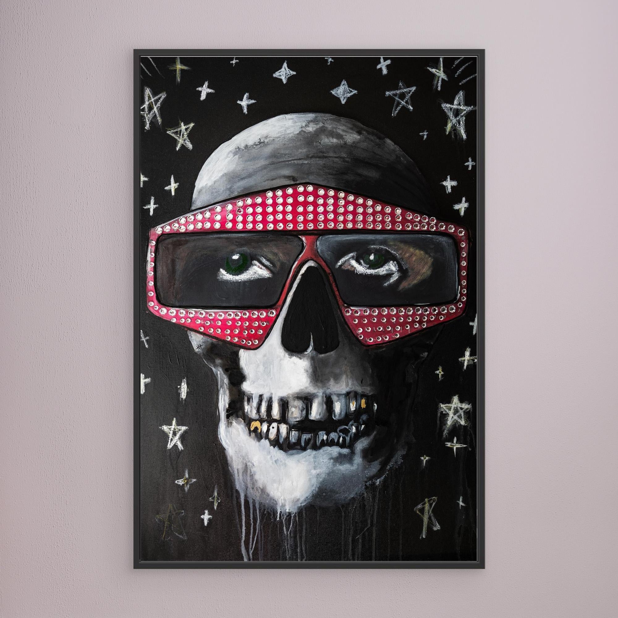 Painting of a skull with big red studded goggles, gray cap, and stars on a black background.