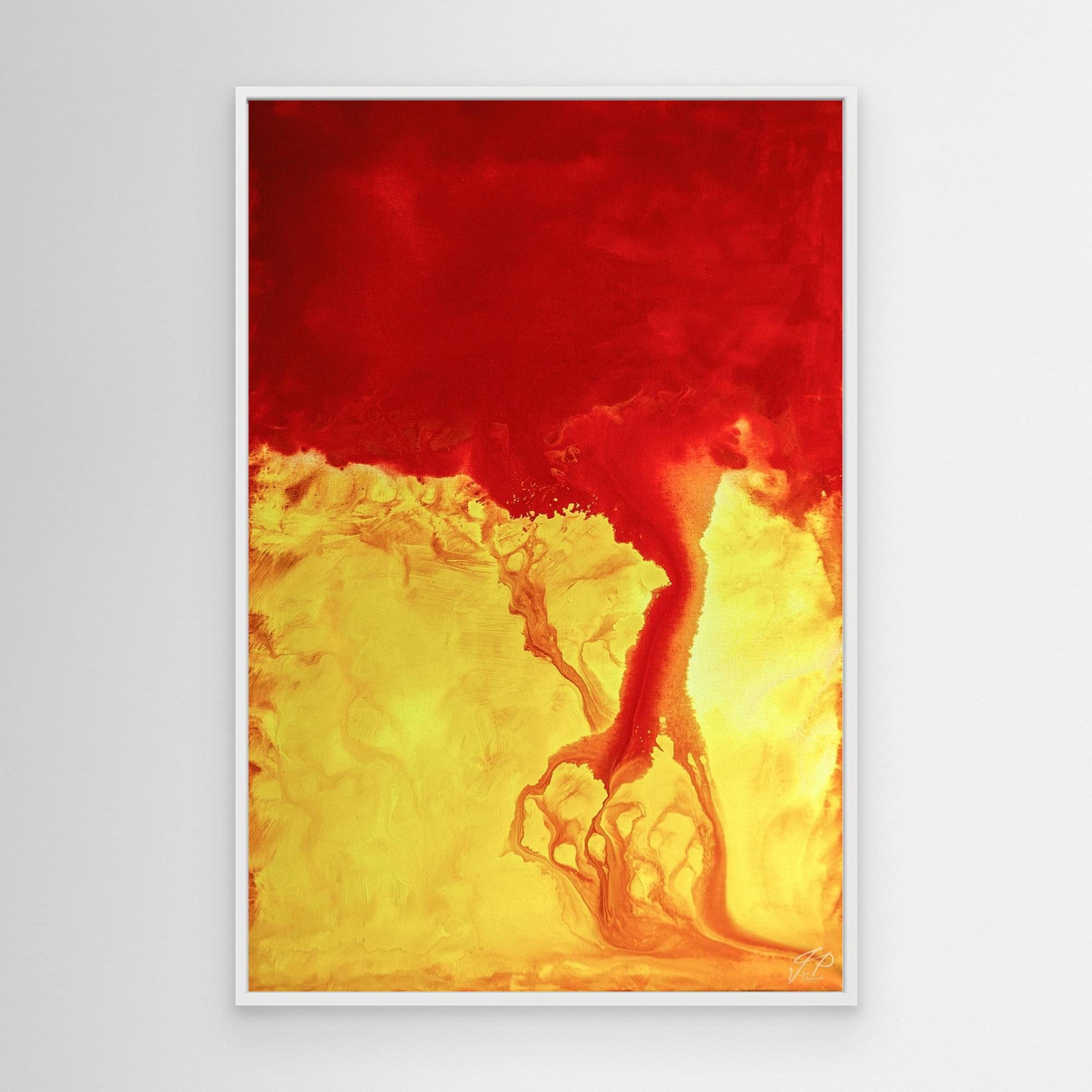 A canvas print of an abstract painting with red and yellow tones, featuring a dynamic, flowing pattern.