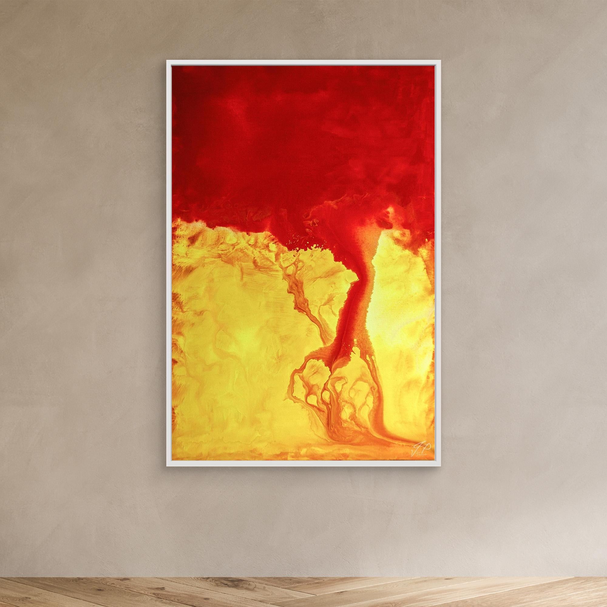 Abstract painting with vibrant red and yellow colors, resembling flowing lava or energy, framed on wall.