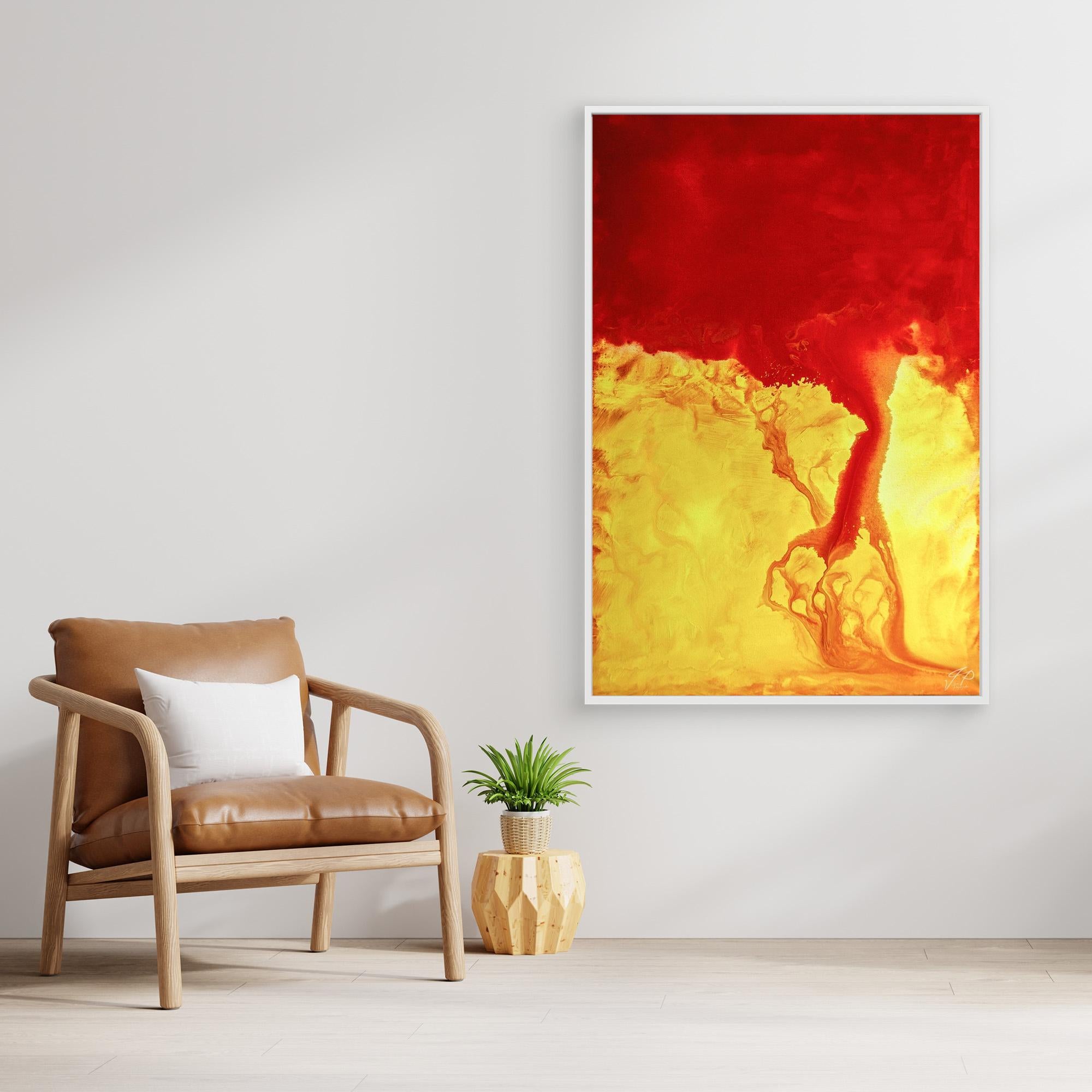 A modern living space features a bold abstract painting in red and yellow above a wooden sideboard.