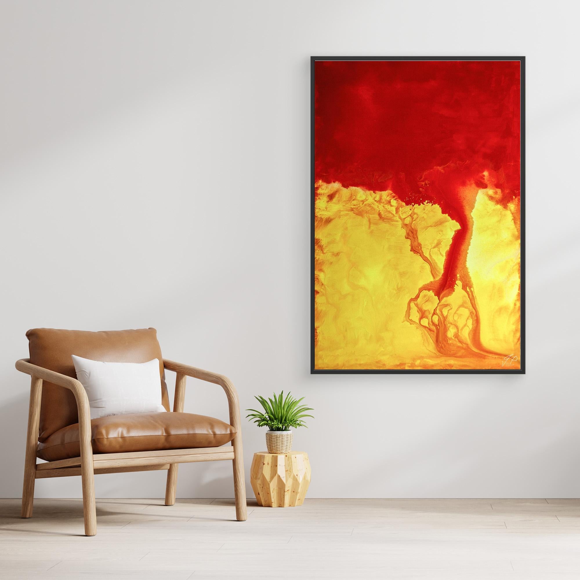 A modern living space features a bold abstract painting in red and yellow above a wooden sideboard.