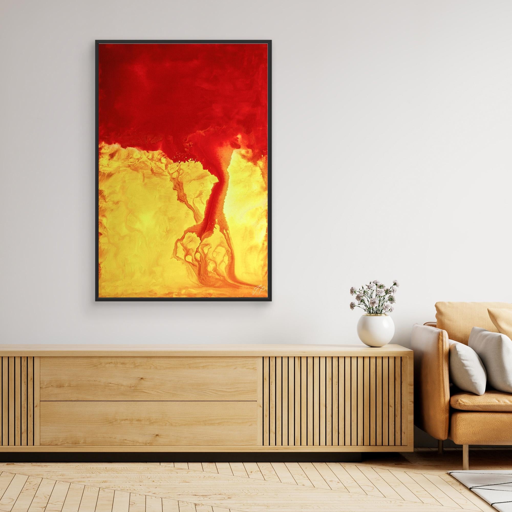 A modern living space features a bold abstract painting in red and yellow above a wooden sideboard.