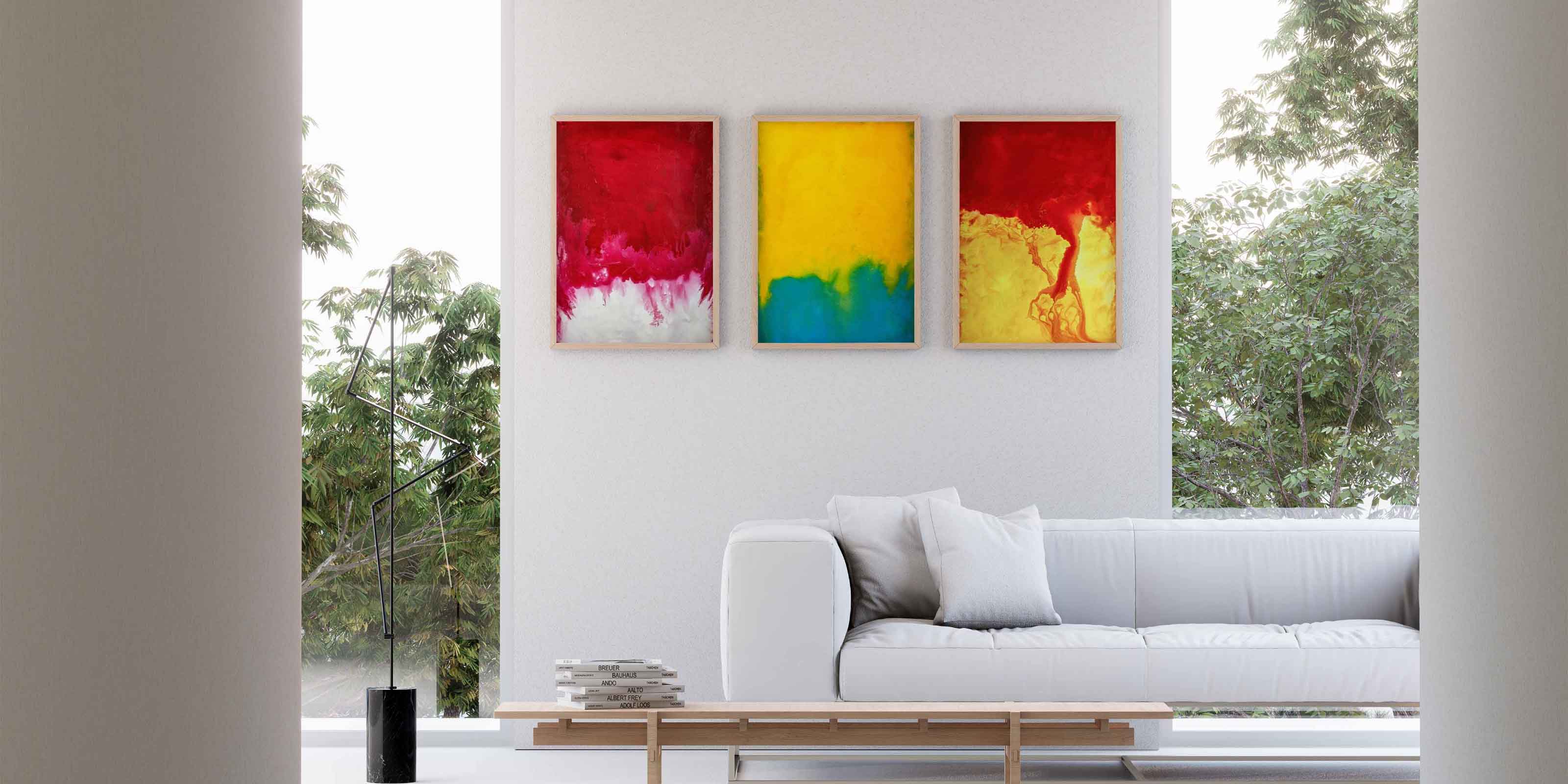 Modern Art displayed in a set of 3 paintings on a wall in a modern living room.