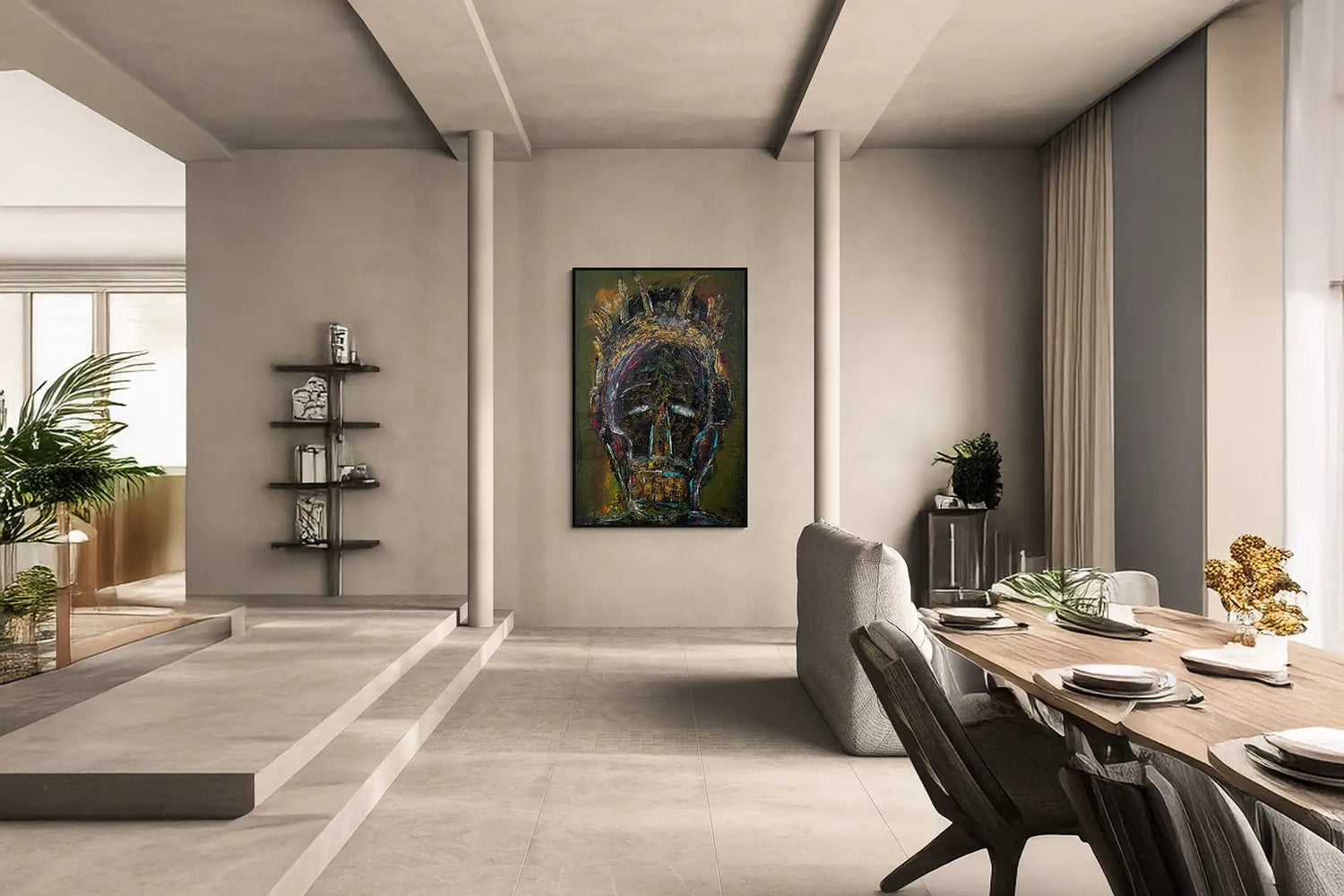 Modern living room with an abstract art print for sale online on the wall.