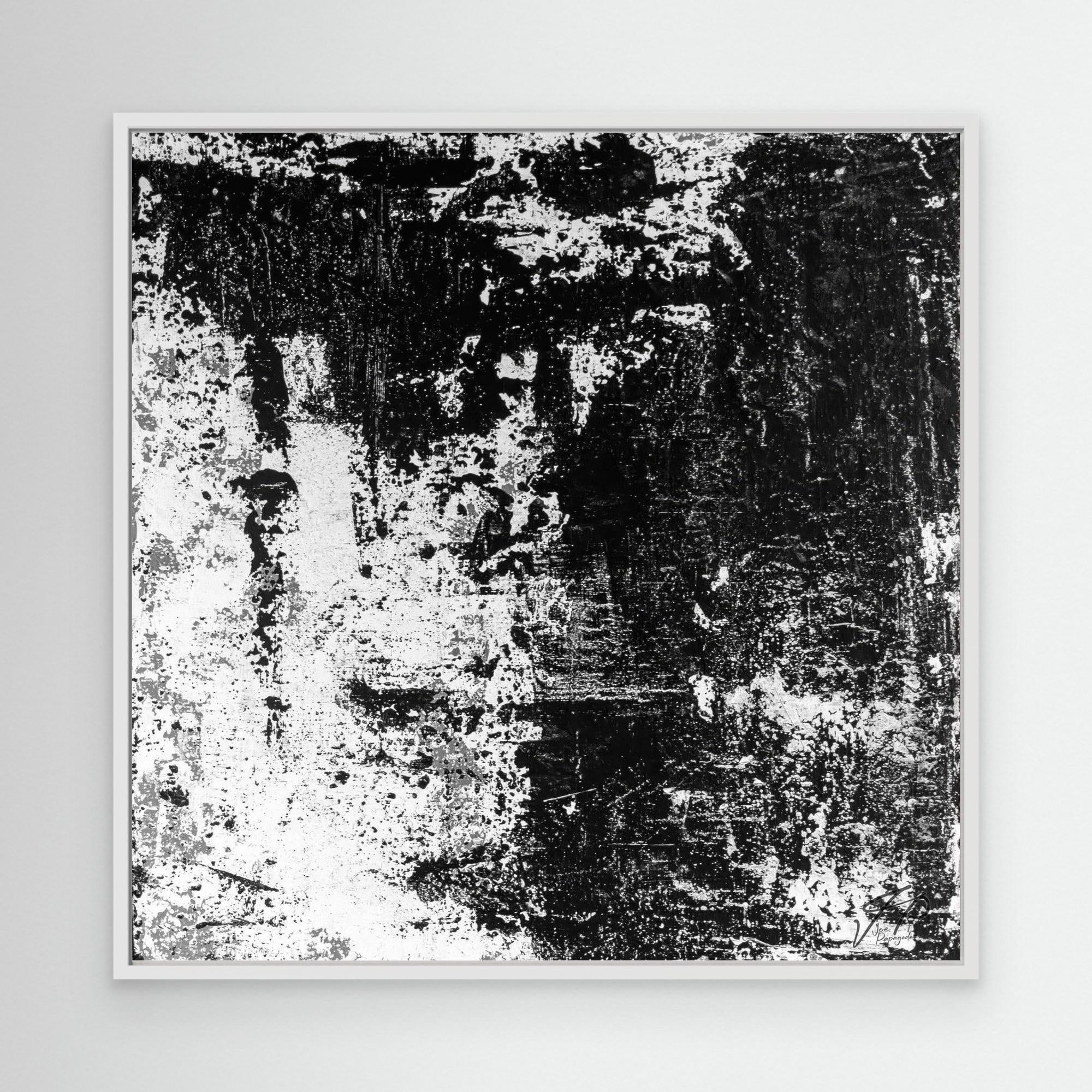 Black and white abstract art print on a light gray background