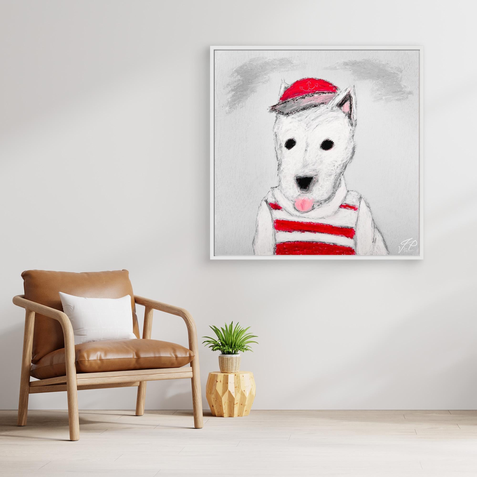 Framed drawing of a white dog in a red cap and striped shirt, next to brown armchair and plant.