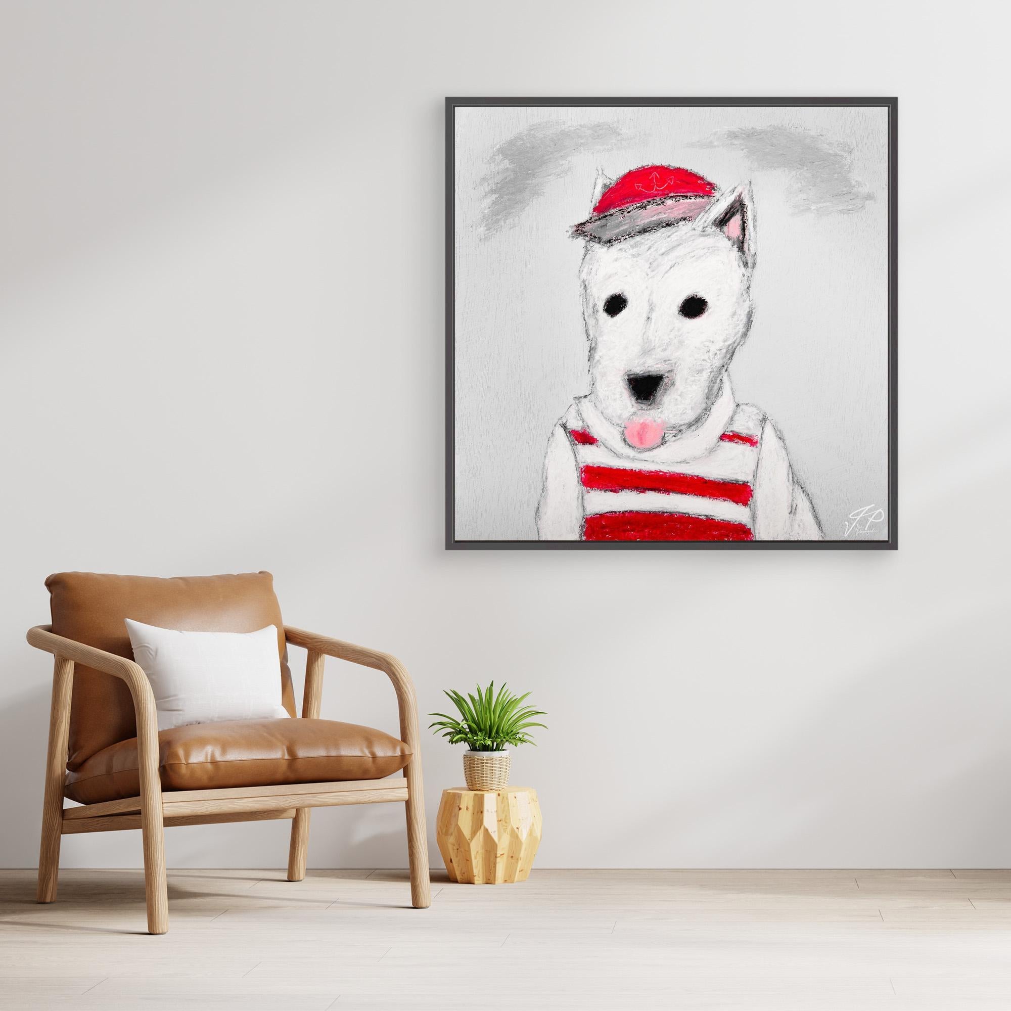 Framed drawing of a white dog in a red cap and striped shirt, next to brown armchair and plant.